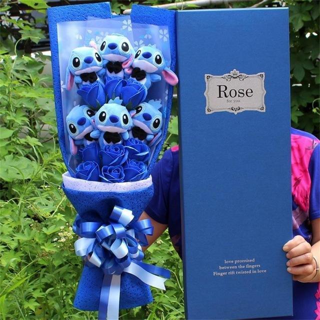Artificial Lovely Cartoon Plush Toys Stitch Festivals Gift Bouquet with Fake Flowers For Valentine's Day Wedding Party Decora